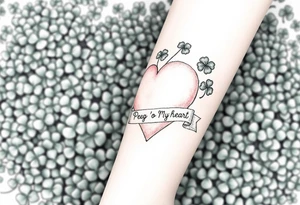 a big pale pink heart in a huge patch of green shamrocks, with a banner across the heart that says Peg 'o My Heart tattoo idea