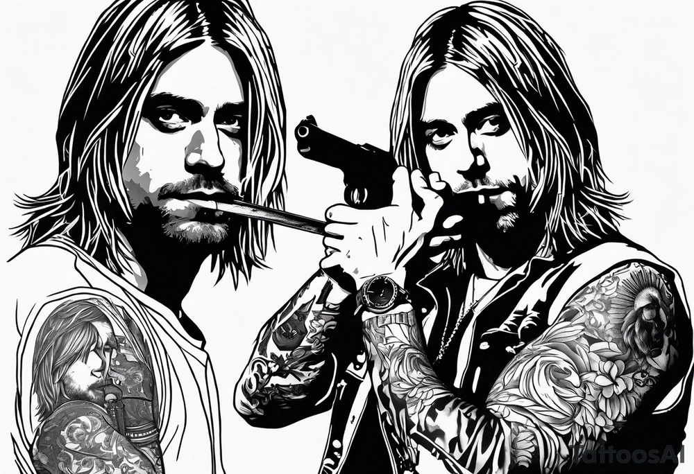 Kurt Cobain, slipping on a banana peel with a heroin needle in his arm, and a shotgun in the other arm tattoo idea