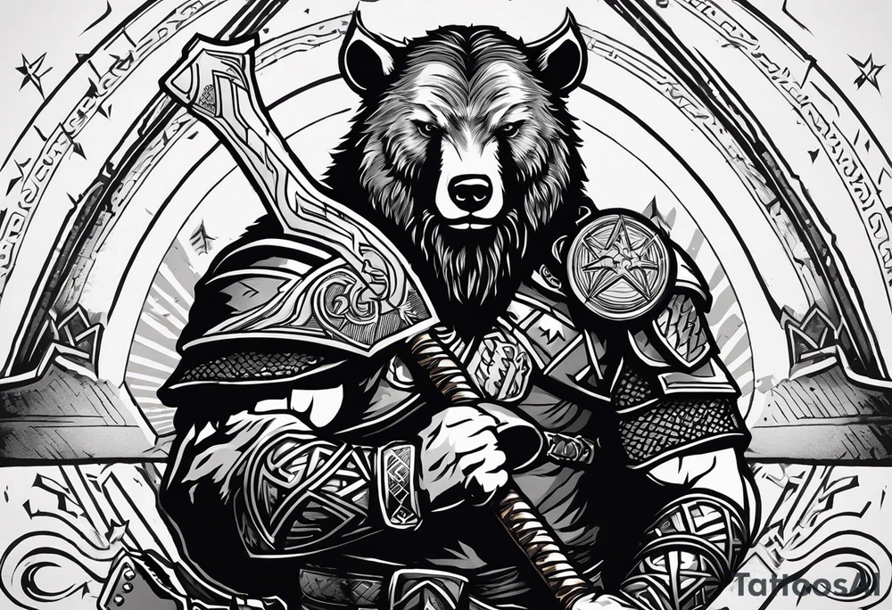 Create an image of a powerful Viking warrior. The Viking is wearing a bear's head as a helmet, with the bear's fur draped over his shoulders. In his right hand, he is holding Thor's hammer (Mjölnir), which is surrounded by subtle lightning bolts. On the hammer, include a faint outline of the HSV (Hamburg football club) diamond emblem, subtly integrated into the design. The overall style should be bold and epic, capturing the strength and mythic qualities of the Viking and the symbols. tattoo idea