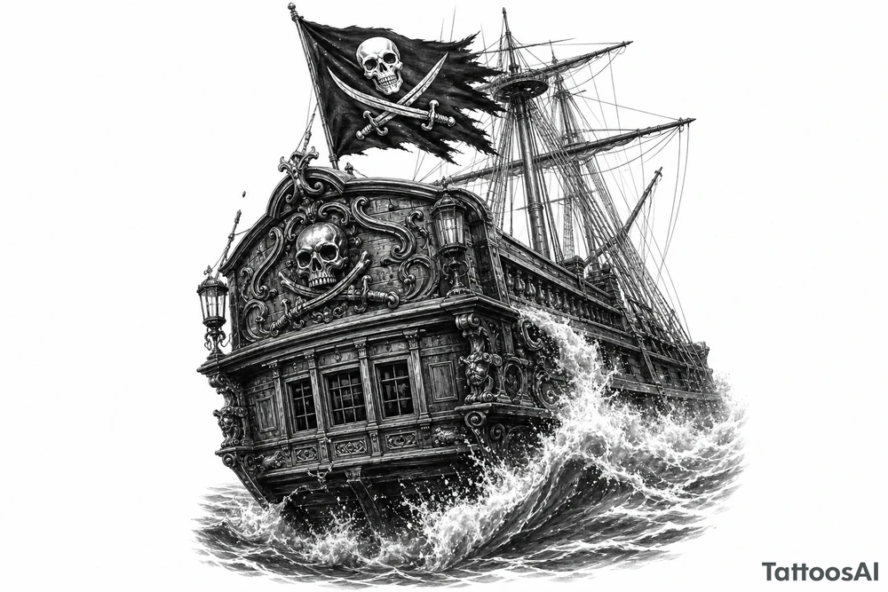Detailed pirate ship stern, waves crashing over deck, tattered Jolly Roger flag. tattoo idea