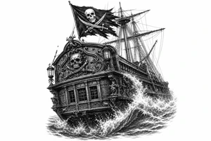 Detailed pirate ship stern, waves crashing over deck, tattered Jolly Roger flag. tattoo idea