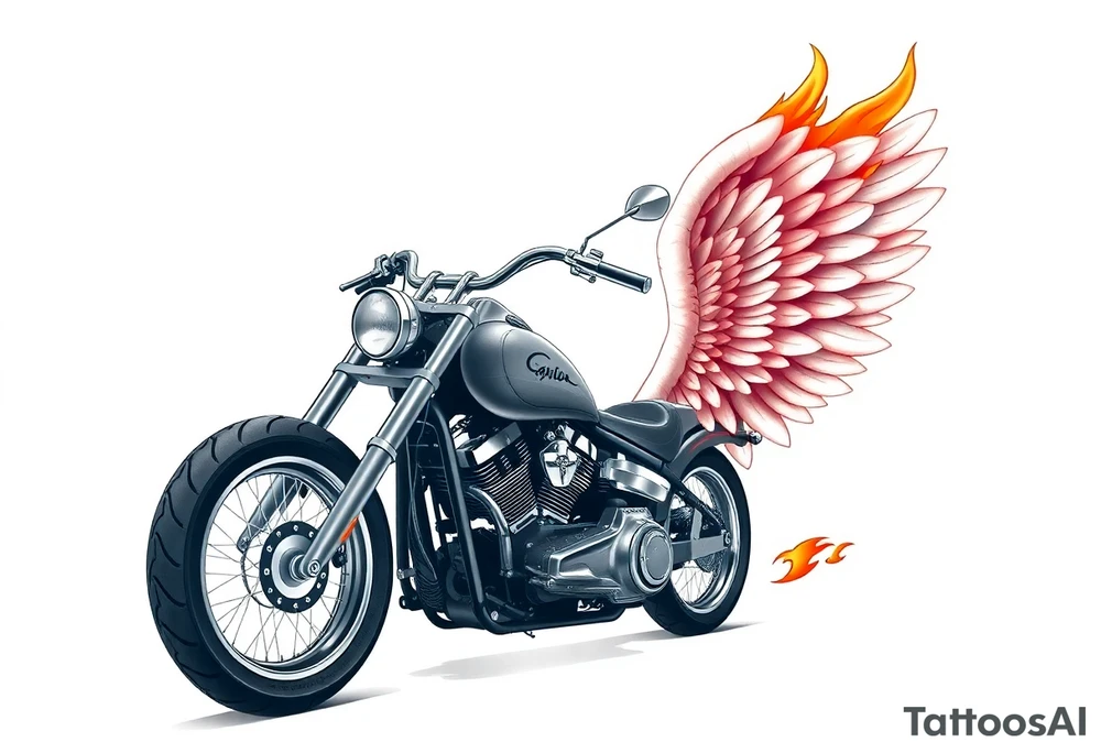 Low rider grey motorcycle, big muffler pipes with flames, angel wings, driving away, no person tattoo idea