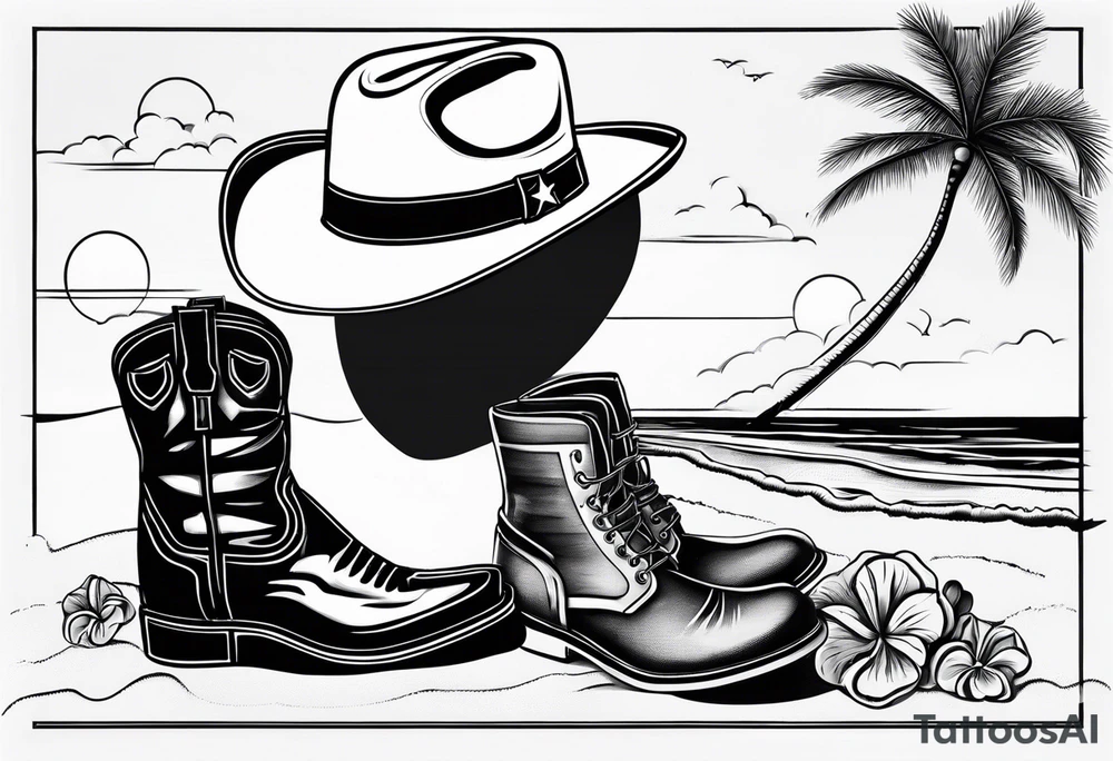 A pair of mens boots, a pair of womens flip flops and a cowboyhat on the Beach. Keep it simple tattoo idea