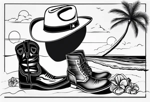 A pair of mens boots, a pair of womens flip flops and a cowboyhat on the Beach. Keep it simple tattoo idea