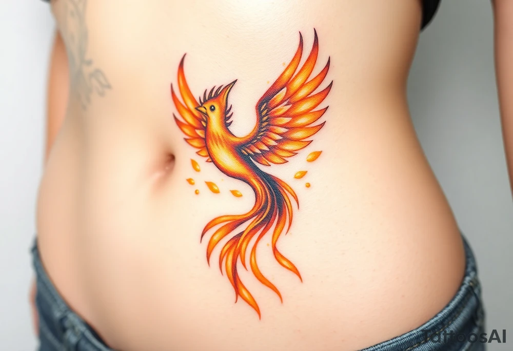 magnificent phoenix rising from golden flames with trailing embers tattoo idea