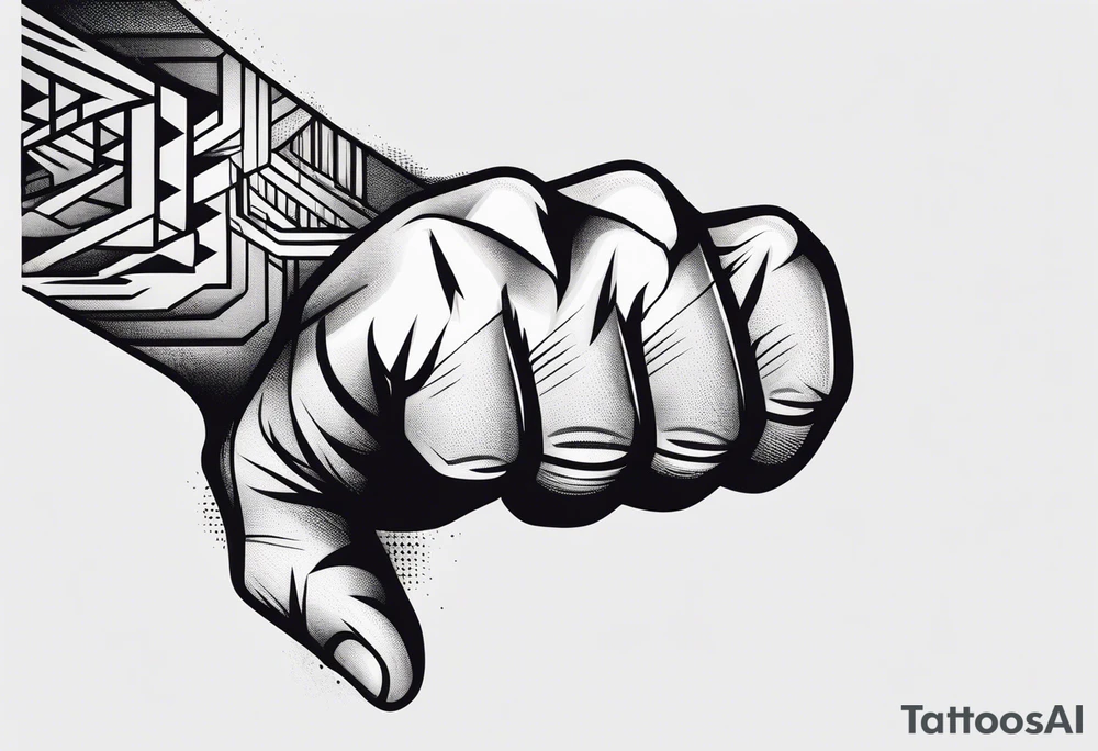 A clenched fist on the back using negative space techniques tattoo idea