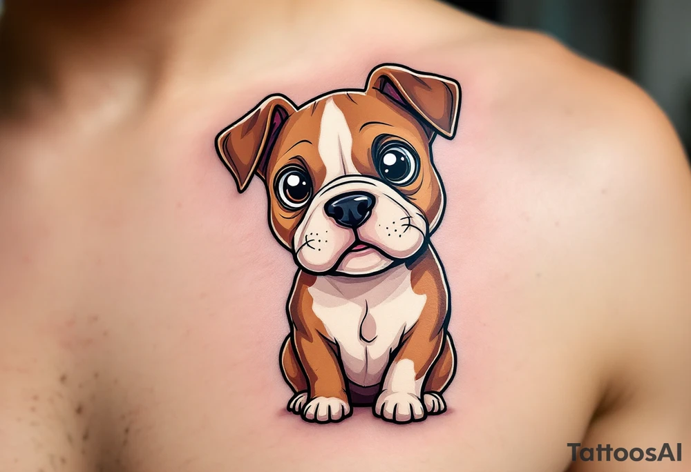 Cartoon Staffordshire Bull Terrier – A cute, exaggerated version with big eyes and floppy ears, shaded in light brown and creamy white, playful and sweet. tattoo idea