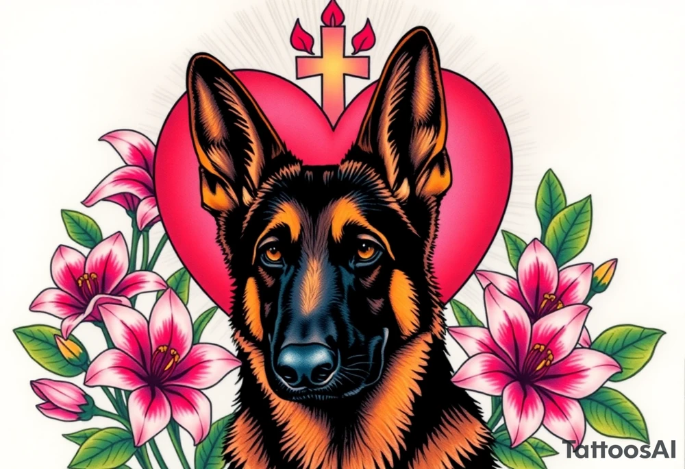 realistic german shepherd with alert ears looking protective surrounded by pink lilies with leaves in front of a sacred heart tattoo idea