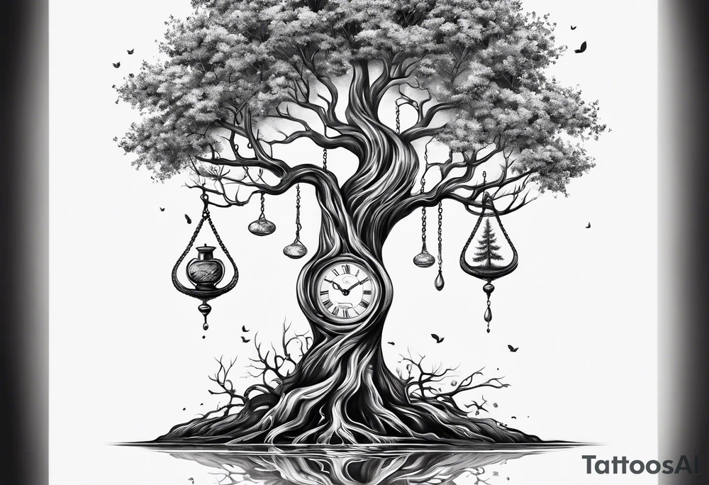 tattoo drawing of a tree with the roots coming out of a hour glass tattoo idea