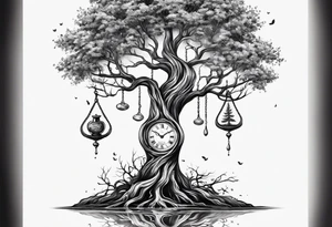 tattoo drawing of a tree with the roots coming out of a hour glass tattoo idea