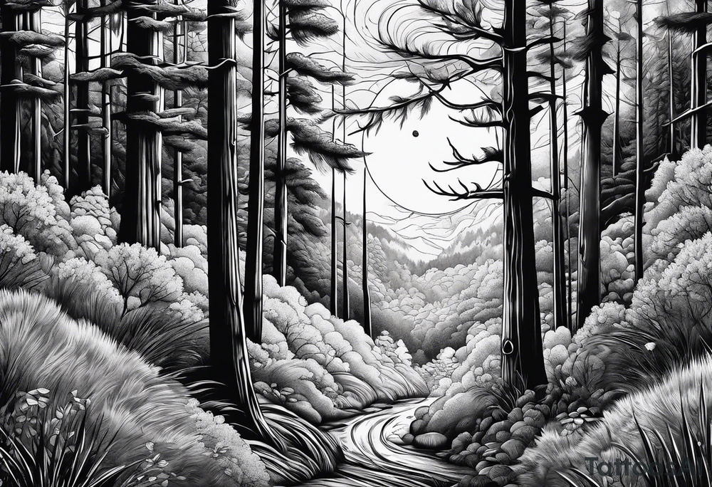 Forest with a rising moon tattoo idea