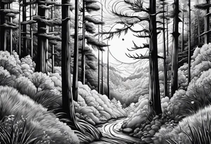 Forest with a rising moon tattoo idea