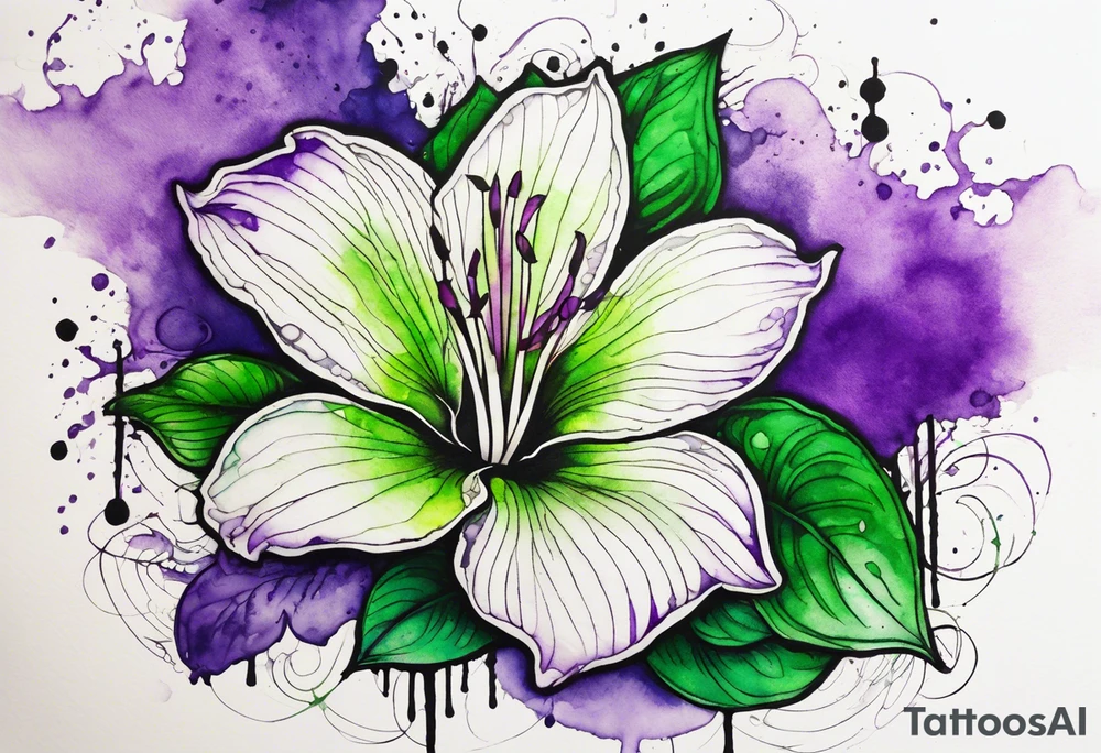 A mystical outline of a rio dipladenia flower and a green and purple watercolor splash in the background tattoo idea