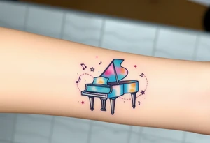 grand piano under stars and music notes tattoo idea