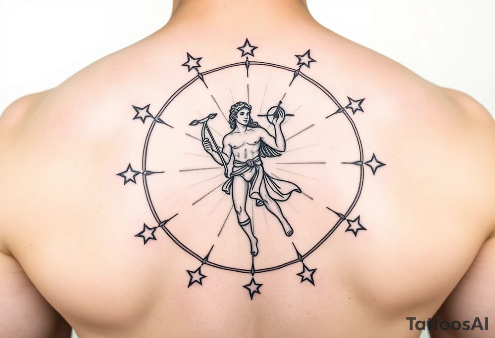 For the tattoo, you could have Apollo at the center of the constellation or circle of stars, holding his lyre (which represents harmony and creativity) or a bow (symbolizing precision and aiming toward your goals). His radiance could emanate outward, subtly merging with the stars or constellation, representing how your potential—though it might still be unfolding—is being guided and illuminated by his influence.

You could also place the one "unreached" star just slightly outside of the central circle, with Apollo’s light reaching toward it, signifying that while you may not have fully realized your potential yet, it's something that Apollo's guidance can help bring into focus tattoo idea