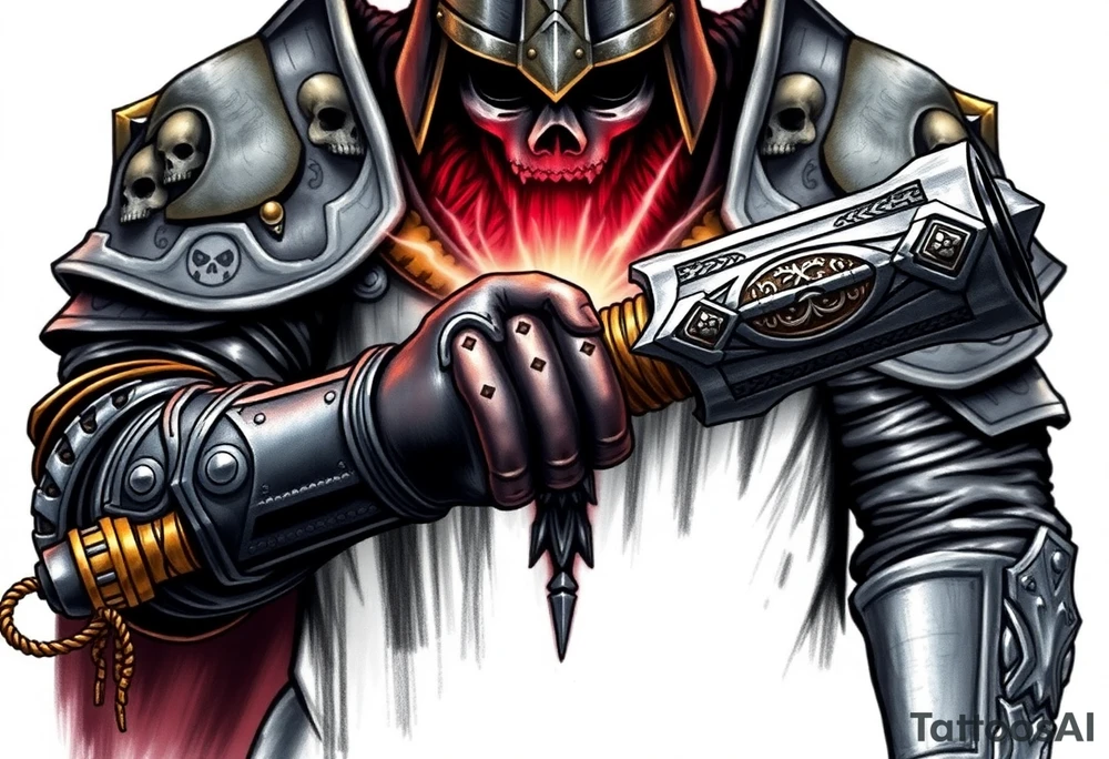 Warhammer, the Old World. A warrior priest of Sigmar holding "The Warhammer of Sigmar" or known as Ghal Maraz. The Warhammer of Sigmar is radiating thunderous energy. The warhammer is held by the warrior priest with both gripping hands at the shaft, upon his chest level. The Warrior priest is wearing dark alloyed heavy armour (reference armor from warhammer vermintide 2 Victor Saltzpyres, the warrior priest of Sigmar class) with skull sigils on his shoulder pads. The warrior priest is wearing a helmet, while the helmets front visor has an humanoid metal face covering. The helmet and armour are gladened with hints of gold and crimson red. The Warhammer is silverish and golden with a long shaft with twisted carvings. tattoo idea