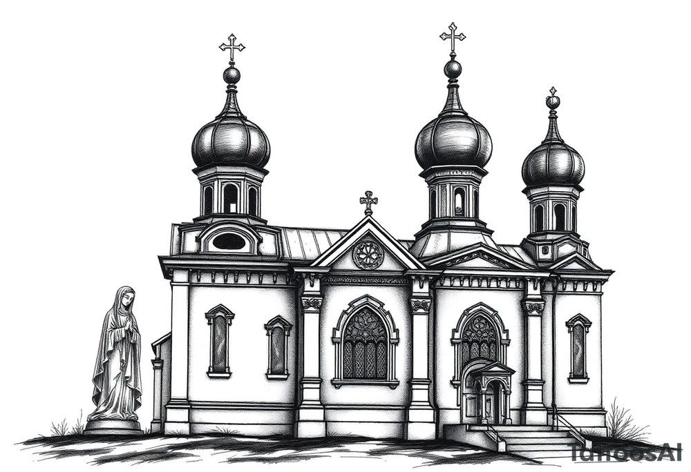 Russian orthodox church with bulb domes with a prominent russian orthodox style virgin mary stood outside to the left tattoo idea