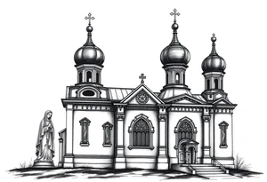 Russian orthodox church with bulb domes with a prominent russian orthodox style virgin mary stood outside to the left tattoo idea
