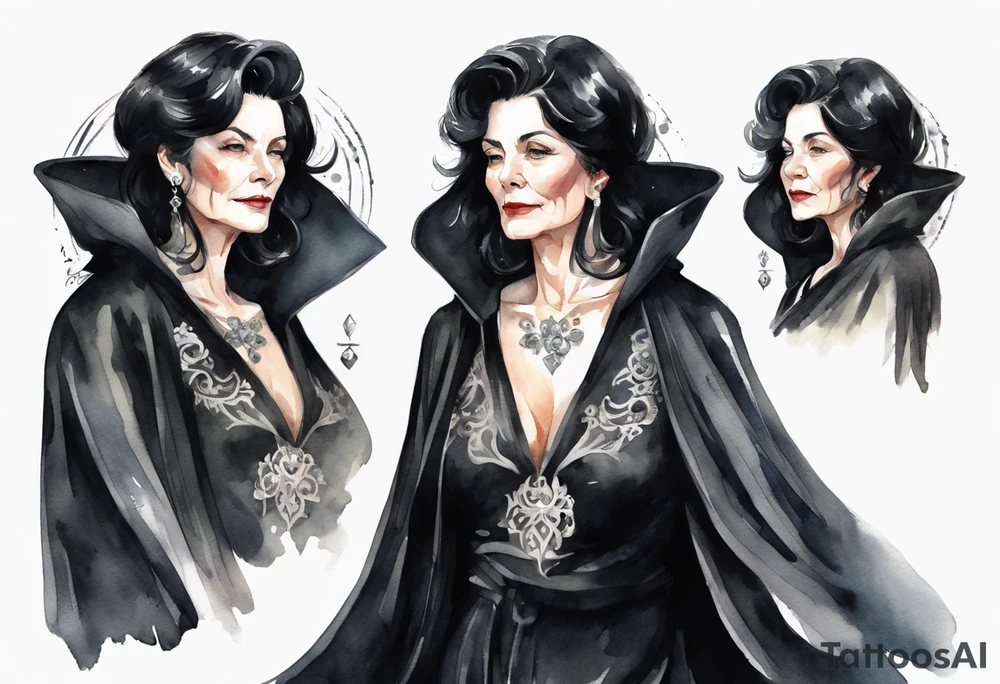 a beautiful 60-year-old black-haired woman dressed in a black cloak with a silver brooch tattoo idea