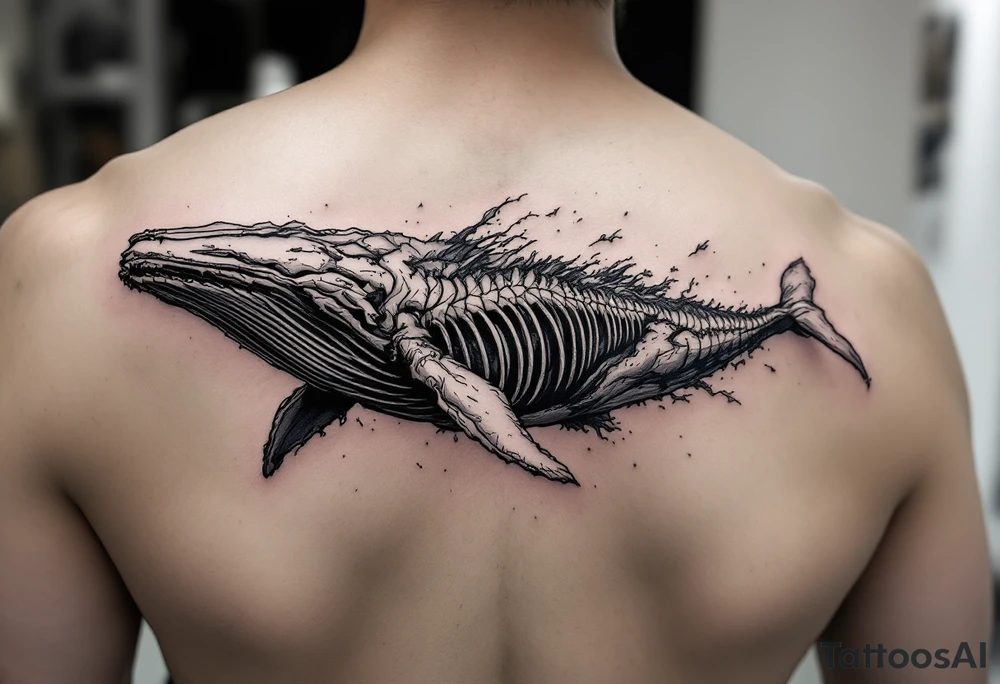 idea is basically a whale that's damaged and torn exposing the skeletal innerts, but it's still fiercely moving forward as hard as it can. generate one with elements of attack on titan and demon slayer and spirited away tattoo idea