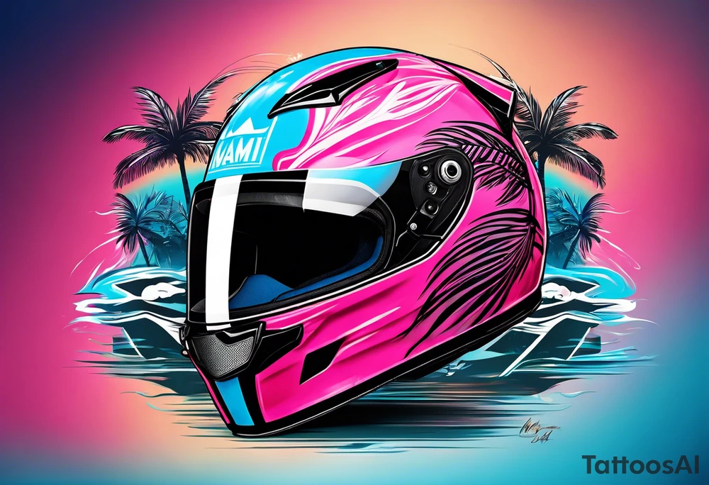 Formula 1 Helment with the Miami logo a palm tree and pink black and light blue colors tattoo idea