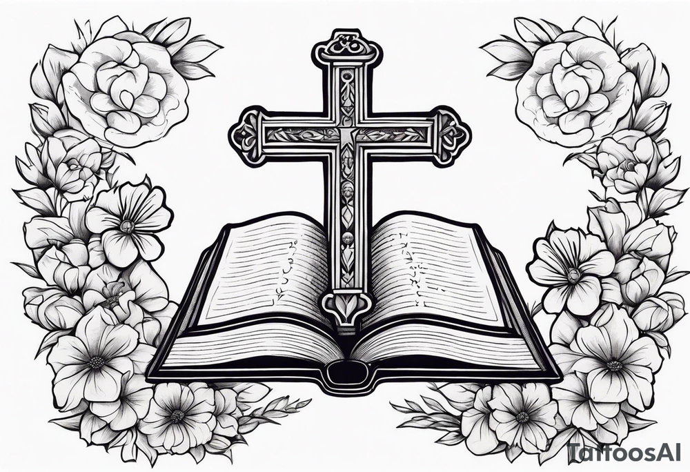 front of bible with cross on bible surrounded by flowers tattoo idea