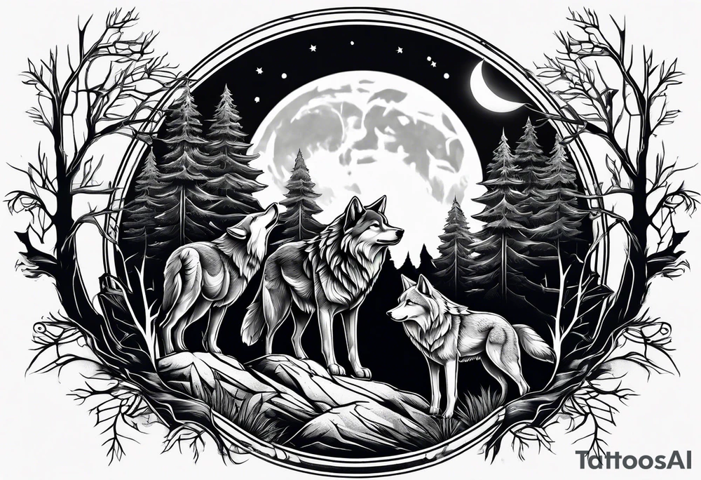 Half sleeve
Two wolves
Dark woods
Mountain peaks
Moon tattoo idea