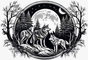 Half sleeve
Two wolves
Dark woods
Mountain peaks
Moon tattoo idea