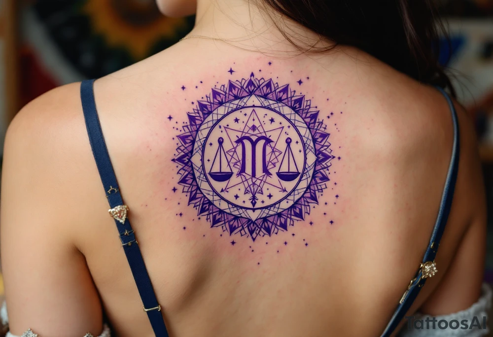 A  cosmic mandala in deep purple encircles the Libra star constellation with the zodiac glyph at its heart. tattoo idea
