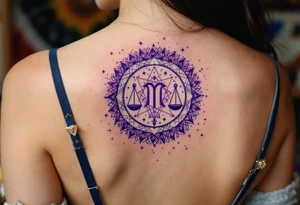 A  cosmic mandala in deep purple encircles the Libra star constellation with the zodiac glyph at its heart. tattoo idea