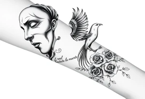 two masks, the one behind crying and the one in front smiling, a phoenix rising from the ashes, the writing "real hasta la muerte" and some roses ending on the hand tattoo idea