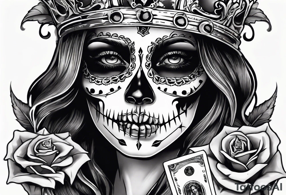 santa la muerta with money and crown
on the card tattoo idea