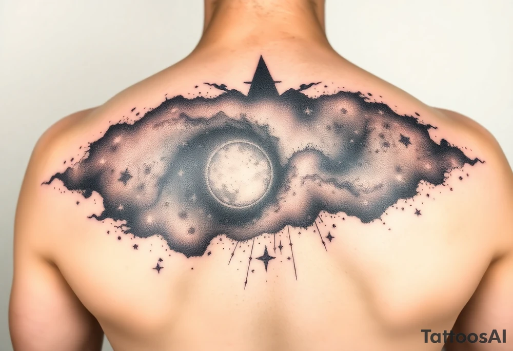 Beautiful and epic 3d milky way that appears to be what is beneath the skin. Make it drape over the shoulder and move to the middle back. use negative spaces to create stars and dust. Incorporate God breathing life into the universe. Keep it symmetrical tattoo idea