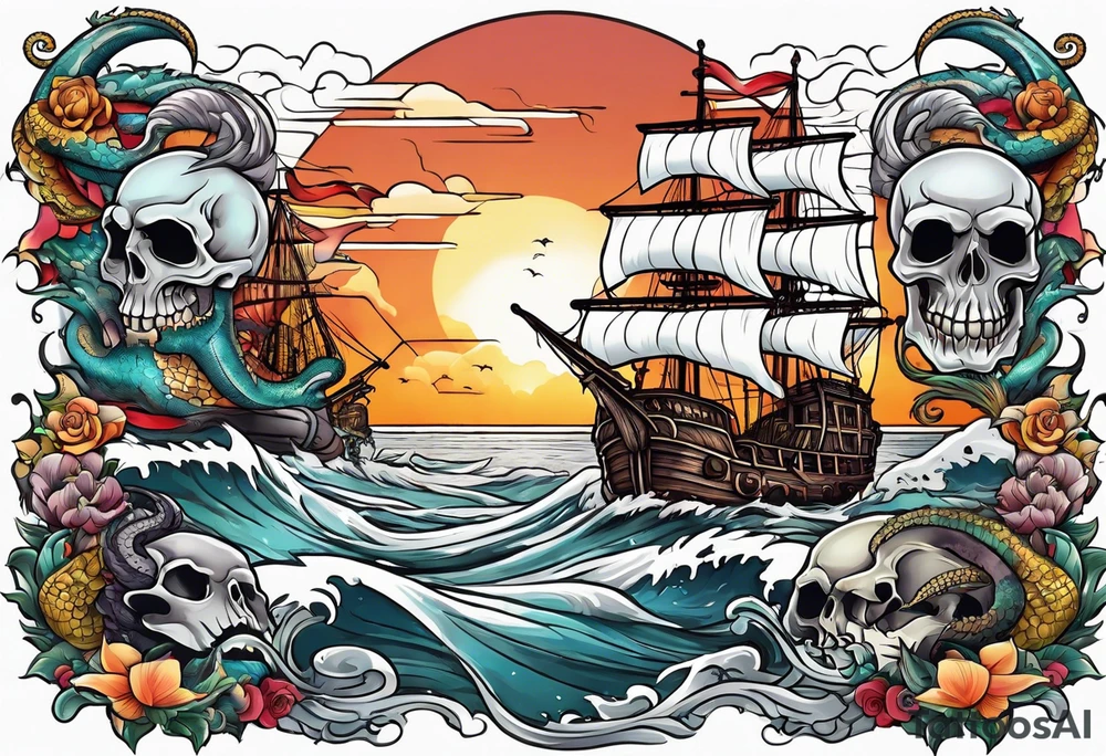 multiple skull pirates together with a sea serpent dragon with a sunset background and sexy wenches tattoo idea