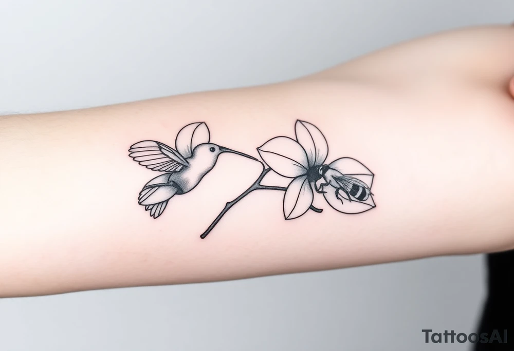 A delicate, black and white fine-line tattoo for male, featuring gracefully detailed 2 orchids in full bloom including their stems, with soft, intricate petals and elegant curves. Beside it, a hummingbird hovers mid-flight, its wings drawn with subtle motion lines, its slender beak reaching toward the orchid’s center to drink its nectar. on the other flower there is a bee that is resting tattoo idea