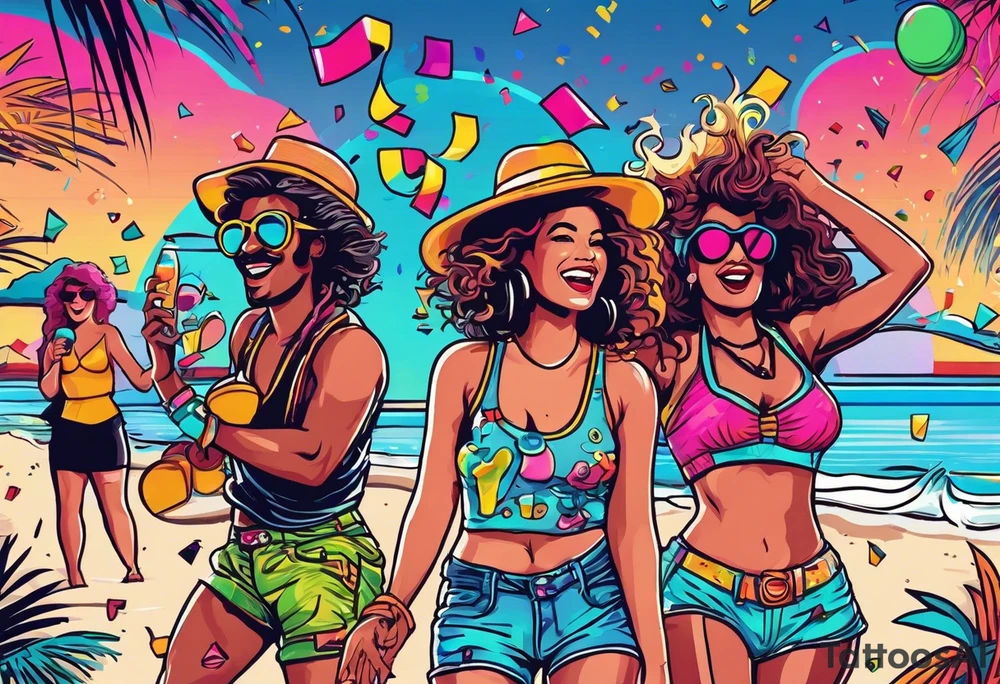 1980's style dance party with boom box and confetti in a beach theme. include people in 80's miami beach clothes, music note. tattoo idea