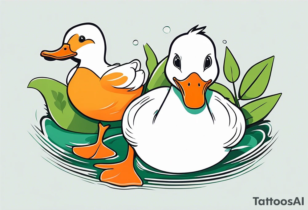A white Duck with orange feet and a green toad playing together in a pond tattoo idea