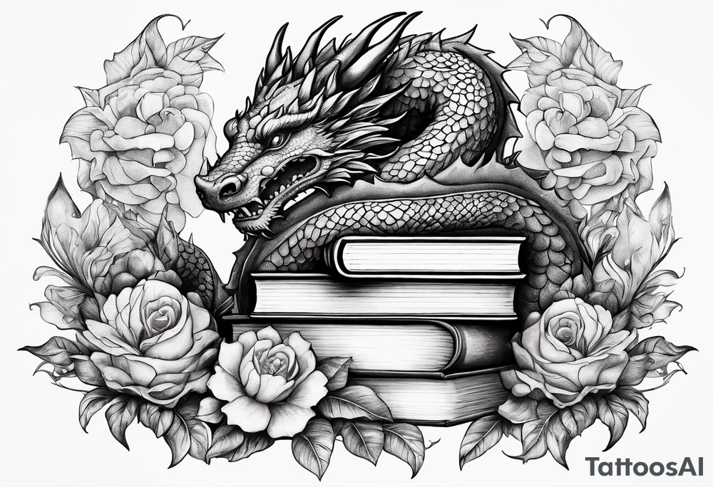 Dragon stack of books flowers tattoo idea