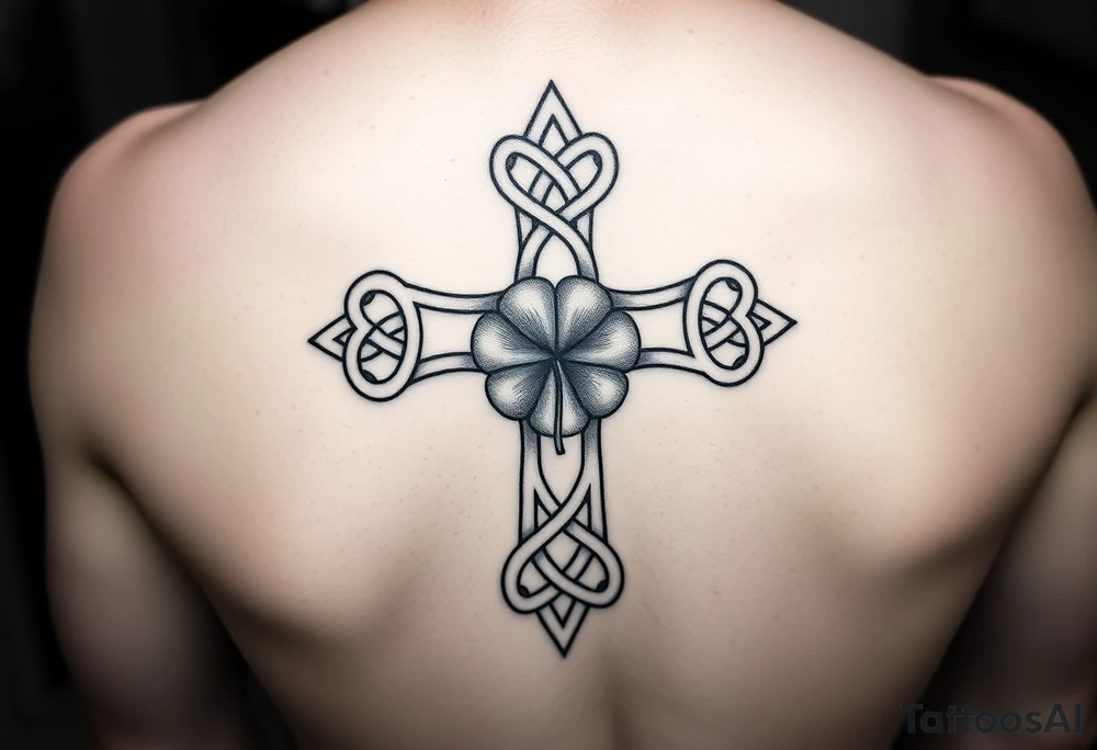 an irish inspired celtic tattoo adding celtic knots surrounding a celtic cross with a four leaf clover in the middle tattoo idea