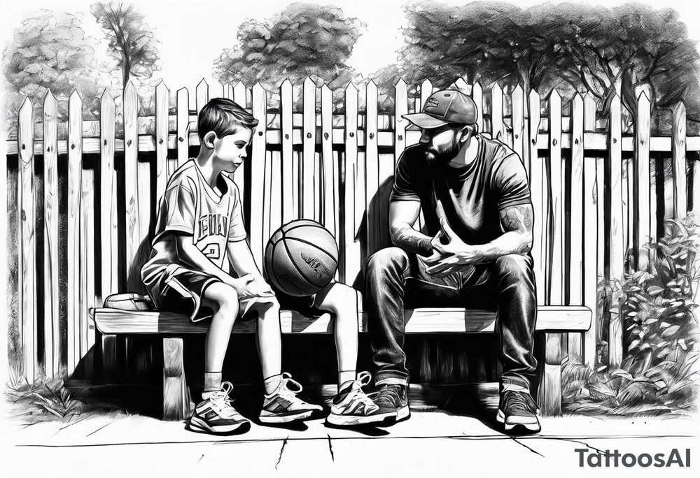 man standing handing a basketball to kid on a bench tattoo idea