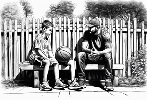 man standing handing a basketball to kid on a bench tattoo idea