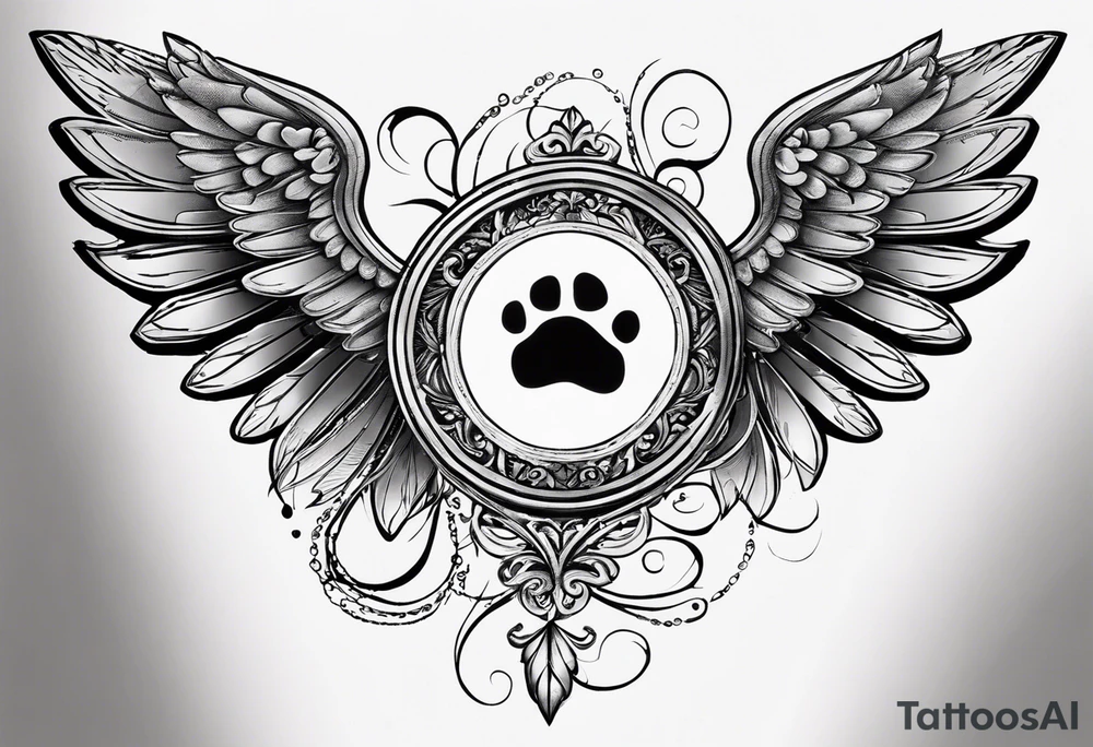 Small dog Paw print with halo and wings above the words loving you changed my life, losing you did the same - Lexie 11/08-7/23 tattoo idea