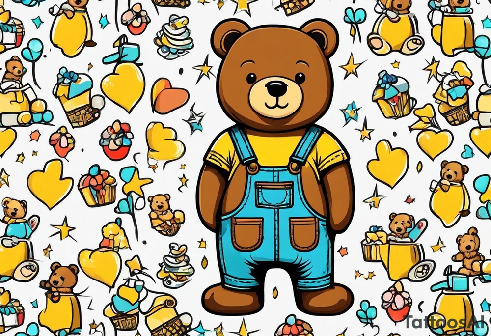 the back of a standing, skinny, brown ,
teddy bear in long, yellow overalls tattoo idea