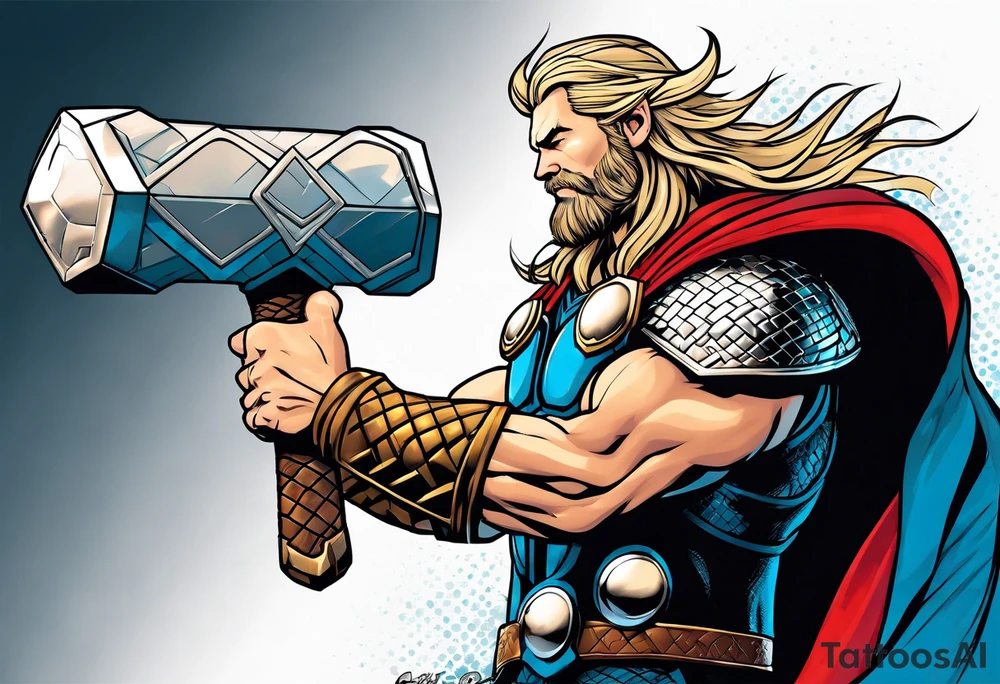 The Mighty Thor not so muscular profile with mjolnir with the entire design shown tattoo idea