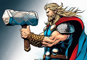 The Mighty Thor not so muscular profile with mjolnir with the entire design shown tattoo idea