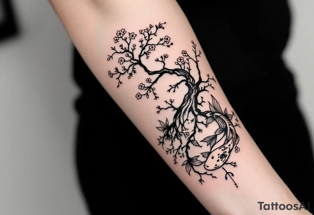sakura tree, a moon, a koi fish with line wor tattoo idea