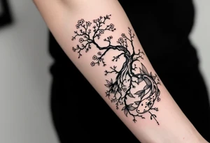 sakura tree, a moon, a koi fish with line wor tattoo idea