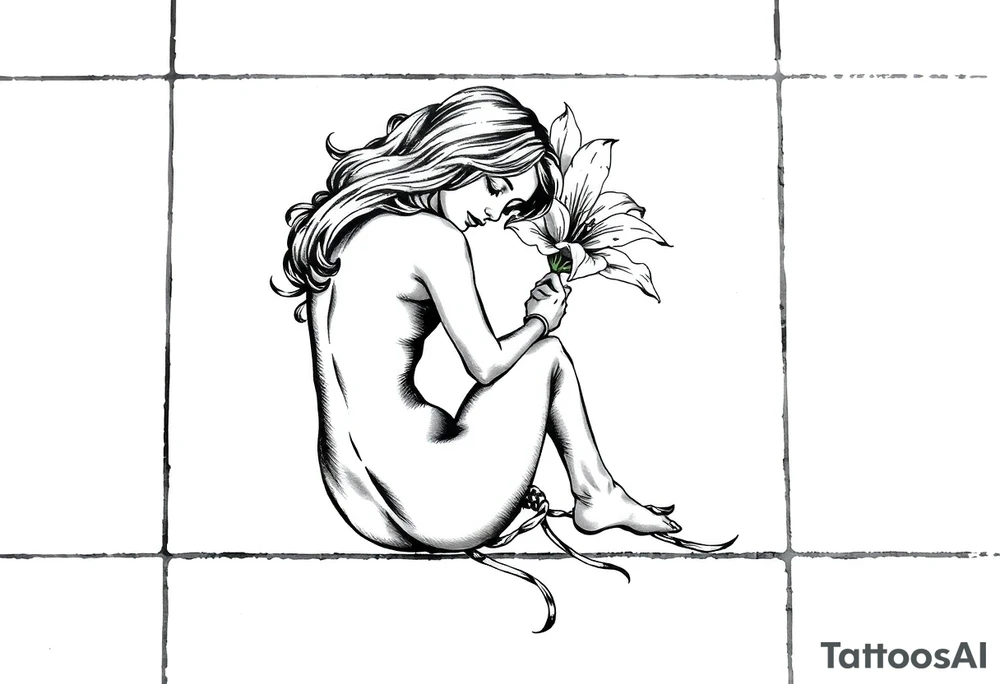 A simple tile floor. On top of the tile A curled figure with a lily next to her tattoo idea