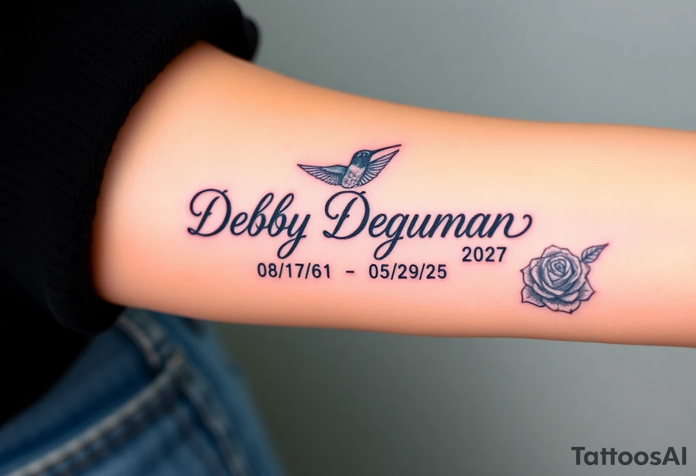 Tattoo of the exact name Debby Deguzman in chunky curly cursive with the exact dates of 08/17/61-05/29/25 surrounded by 1 hummingbird and 1 rose tattoo idea