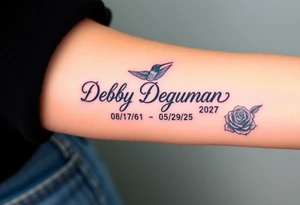 Tattoo of the exact name Debby Deguzman in chunky curly cursive with the exact dates of 08/17/61-05/29/25 surrounded by 1 hummingbird and 1 rose tattoo idea